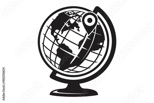 A black globe icon on a stand shows a location with a pin
