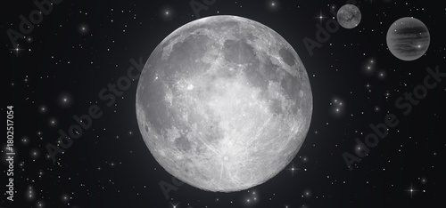Big Moon stars and planets in space. Craters. Night sky. Air