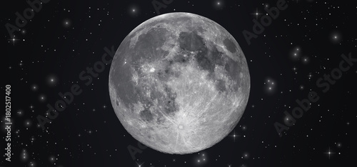 Big full moon stars and planets in space. Craters. Night sky. Air