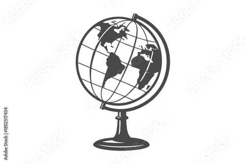 A classic grey world globe showing continents and grid lines sits on pedestal stand