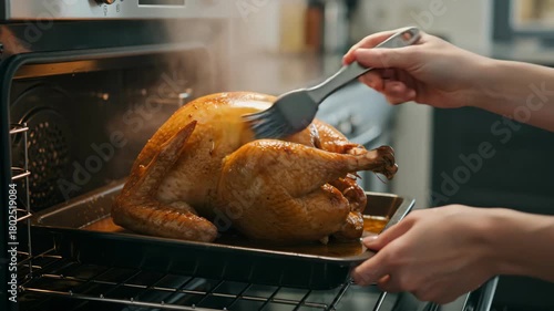 Basting turkey in oven with brush for Christmas dinner preparation  