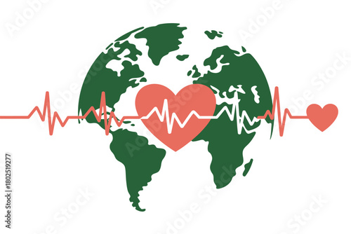 A stylized globe with a heart and heartbeat monitors represents global health and life.