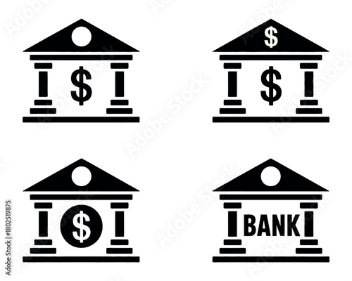 These graphic icons represent financial institutions like banks.