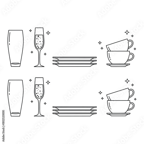Elegant line art illustration of glassware and tableware for dining and celebrations