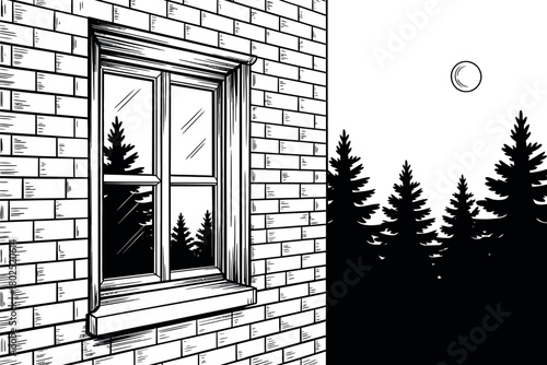 A window in a brick building reflects a nighttime forest scene with a moon.