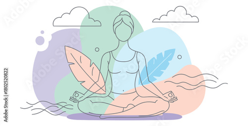Woman meditating in lotus position surrounded by abstract shapes and tropical leaves