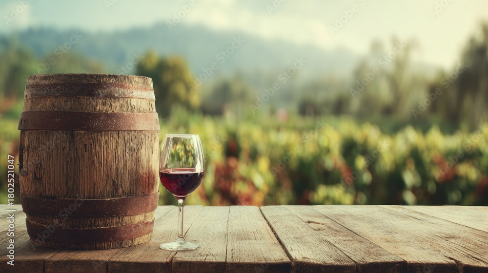 Obraz premium Rustic Wooden Barrel and Wine Glass in a Beautiful Vineyard Setting During Golden Hour
