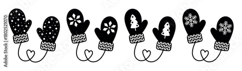 Black winter mittens icons set with snowflakes, stars and Christmas tree designs, cozy holiday illustration for festive cards, prints, stickers, crafts and seasonal graphic projects