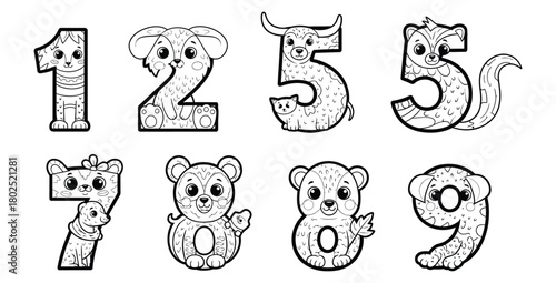Cute animal numbers from one to nine for kids learning and educational coloring activity