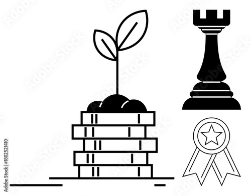 Stack of coins with a growing plant, a chess rook, and an achievement badge. Ideal for strategy, success, growth, investment, planning sustainability and leadership themes. Simple flat metaphor