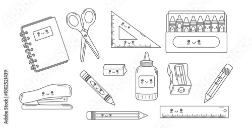 Cute cartoon school supplies with smiling faces arranged on a white background design