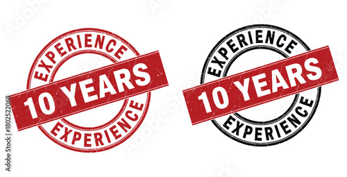 Two grunge stamps showing ten years experience in red and black on a white background