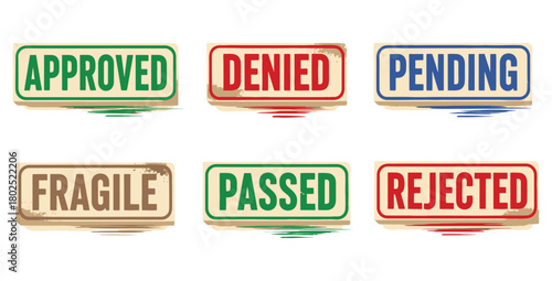 Collection of status labels including approved denied pending fragile passed rejected