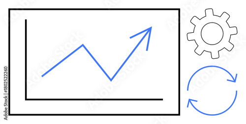 Blue line graph with upward trend inside a frame, alongside gear and circular arrow icons. Ideal for growth, progress, analysis, goal achievement, process improvement, optimization success. Simple