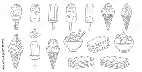 Delicious assortment of ice cream treats in a hand drawn style perfect for summer fun