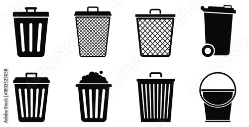 Collection of various black and white trash cans and a bucket on a white background