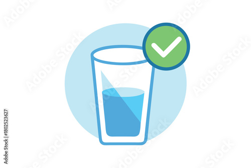 A glass of water is half full with a green checkmark showing compliance
