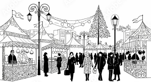 Christmas Market Scene with People Selling and Buying Gifts