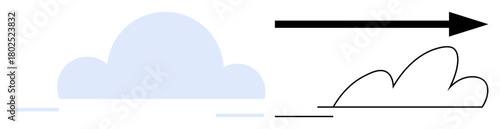 Cloud transitioning from solid to outlined form with horizontal arrow indicating progress and motion. Ideal for innovation, change, growth, technology, strategy, speed, cloud computing. Simple flat