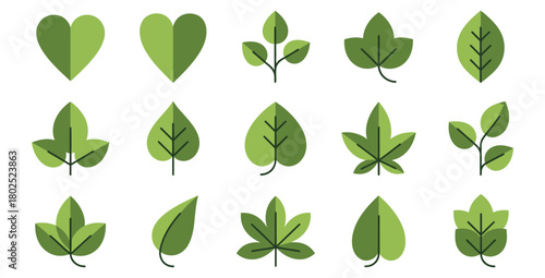 Collection of various green leaf icons and heart shapes representing nature and ecology