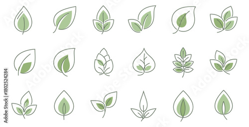 Collection of minimalist green leaf icons representing nature and organic concepts