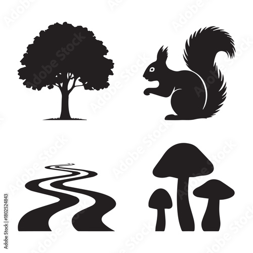 Illustration of nature elements including a tree, squirrel, path, and mushrooms, isolated on, representing wildlife and natural environment