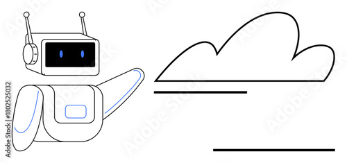 Robot with antennae gestures to a cloud symbol, highlighting connection, automation, AI, data storage. Ideal for AI, cloud computing, technology innovation digital tools science education. Simple
