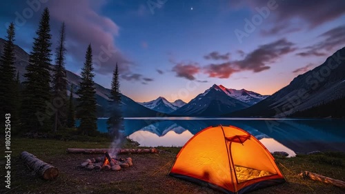 A serene scene of a illuminated camping tent at dusk, with campfire in foreground, amidst mountains and a lake, painting a picture of tranquility.