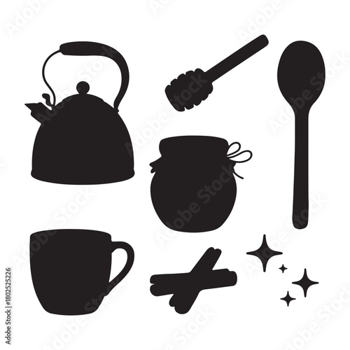 A charming illustration isolated on featuring a kettle, honey, a wooden spoon, a cup, and cinnamon sticks, creating a cozy and inviting atmosphere