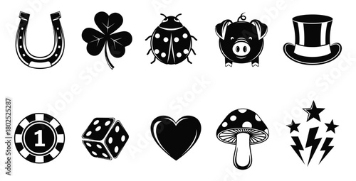 Collection of black and white good luck symbols for design and creative projects