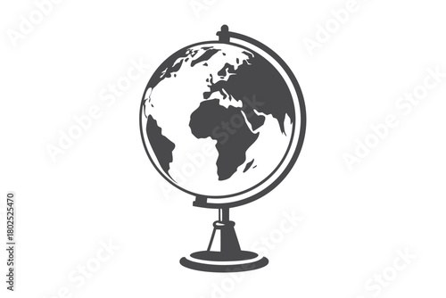 A gray monochrome world globe sits displayed on a stand, showing continents on white