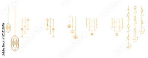 Diwali Hanging Decorations Vector Set – Lanterns, Diyas, Mandala Ornaments, Festive Golden Line Art