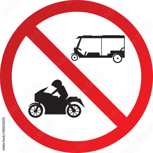 No motorcycles and tuk-tuks allowed sign red prohibition circle vector illustration for traffic regulations and safety guidelines