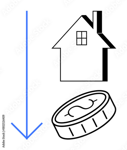 Blue arrow pointing downward next to a house outline and a coin, symbolizing a decline in housing market value. Ideal for real estate, economy, investment, finance, mortgage, crisis depreciation. A