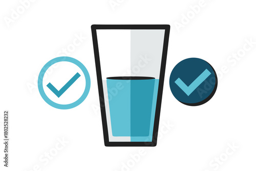 A refreshing glass of water receives two different approval checkmarks indicating good health
