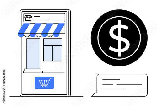 Mobile storefront with awning, shopping cart, large dollar coin, chat bubble for messaging. Ideal for online shopping, digital payment, retail, marketing, customer support e-commerce simple flat