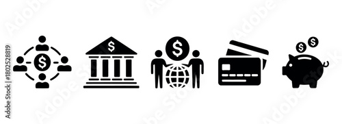 Financial icons represent banking, global business, credit cards, and savings.