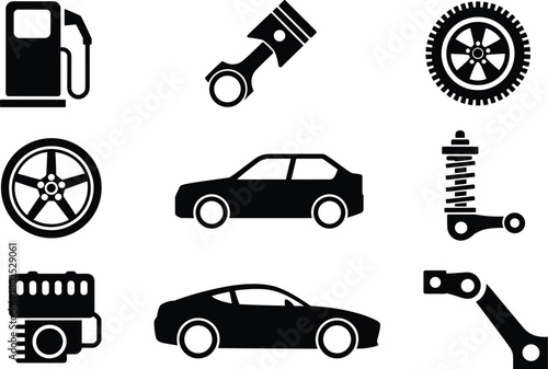 Car Parts and Vehicles Icons Engine Piston Wheel Car and Gas Pump automobile