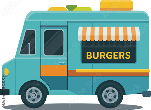 Colorful food truck illustration, burger truck vector, street food vehicle design, mobile kitchen graphic, fast food catering van artwork