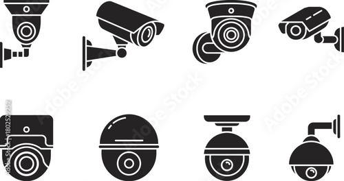 CCTV security camera icons, surveillance device vector set, safety monitoring equipment illustration, digital protection symbols, video security graphic collection