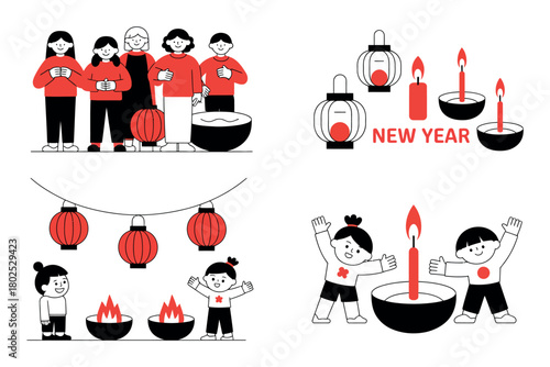 Family celebrating New Year with lanterns and candles, symbolizing tradition and togetherness.