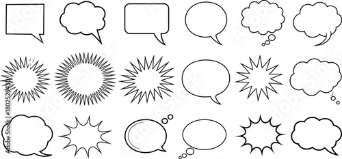 Comic speech bubble and starburst set, black outline graphic elements, cartoon dialogue shapes, pop art design icons