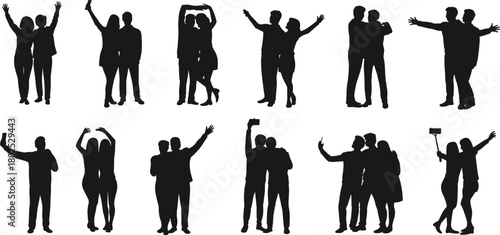 Couple silhouette illustration set, black human figures in romantic and friendly poses, relationship concept, social interaction design