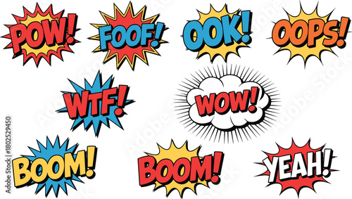 Comic, exclamations, sound, effects, pop, art, burst, typography, cartoon, speech, bubble, wow, boom, pow, retro, graphic, colorful, dynamic, comic-style, expressions