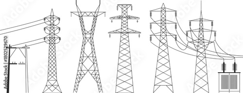 Electrical transmission towers illustration, power grid components, substation layout, energy infrastructure, technical drawing, voltage lines, utility engineering, grid design