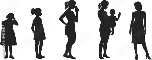 Female life stages, woman silhouette, age progression, motherhood, childhood, elder woman, vector, editable, minimal, black and white, fashion pose, lifestyle, growth, timeline, illustration