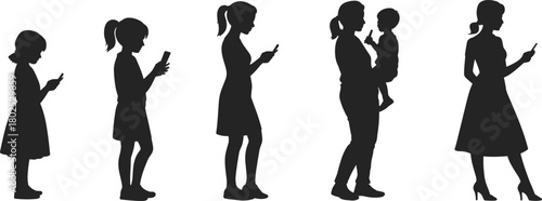 Female silhouette evolution using smartphone, child to adult stages, mobile device dependency, modern lifestyle concept, mother and child interaction illustration