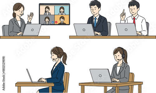 Business People Working on Laptops Vector Set, Video Conference and Remote Office Illustration.