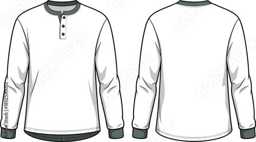 Henley shirt front back, long sleeve, button placket, casual wear, fashion sketch, vector, editable, minimal, modern, apparel design, clothing mockup, flat sketch, white shirt, contrast trim