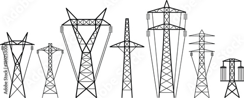 High-voltage transmission towers, electrical pylons, power grid structures, energy infrastructure, technical drawing, utility engineering, voltage lines, grid design, electricity